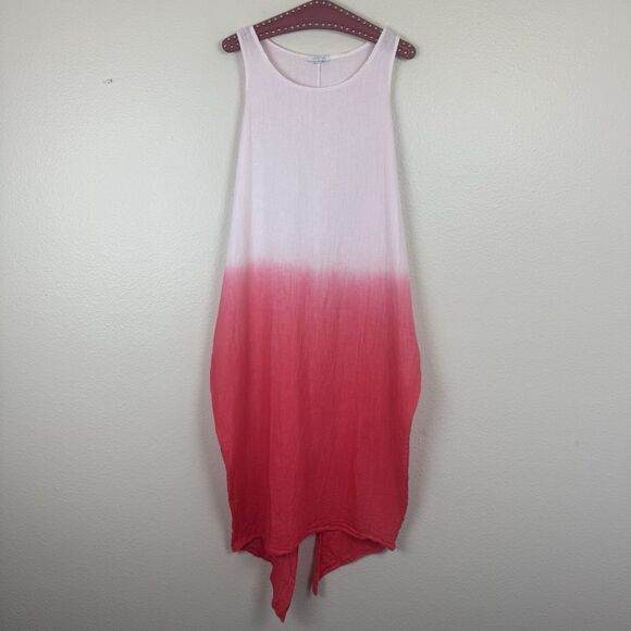 Vasna Lagenlook Sleeveless Tie Waist Linen Midi Dress Coral Pink Ombre Medium - Picture 1 of 14